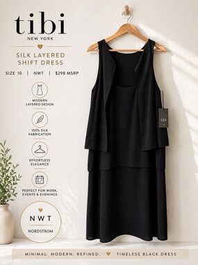 Tibi Size 10 Black Silk Layered Shift Dress NWT $298 MSRP